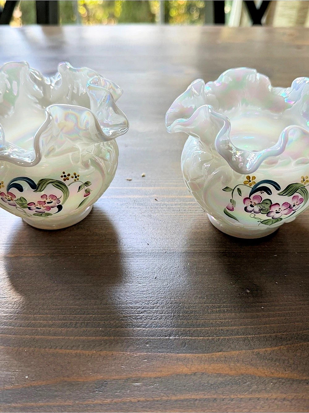 Iridescent Floral Ruffled Ceramic Bowls Pair